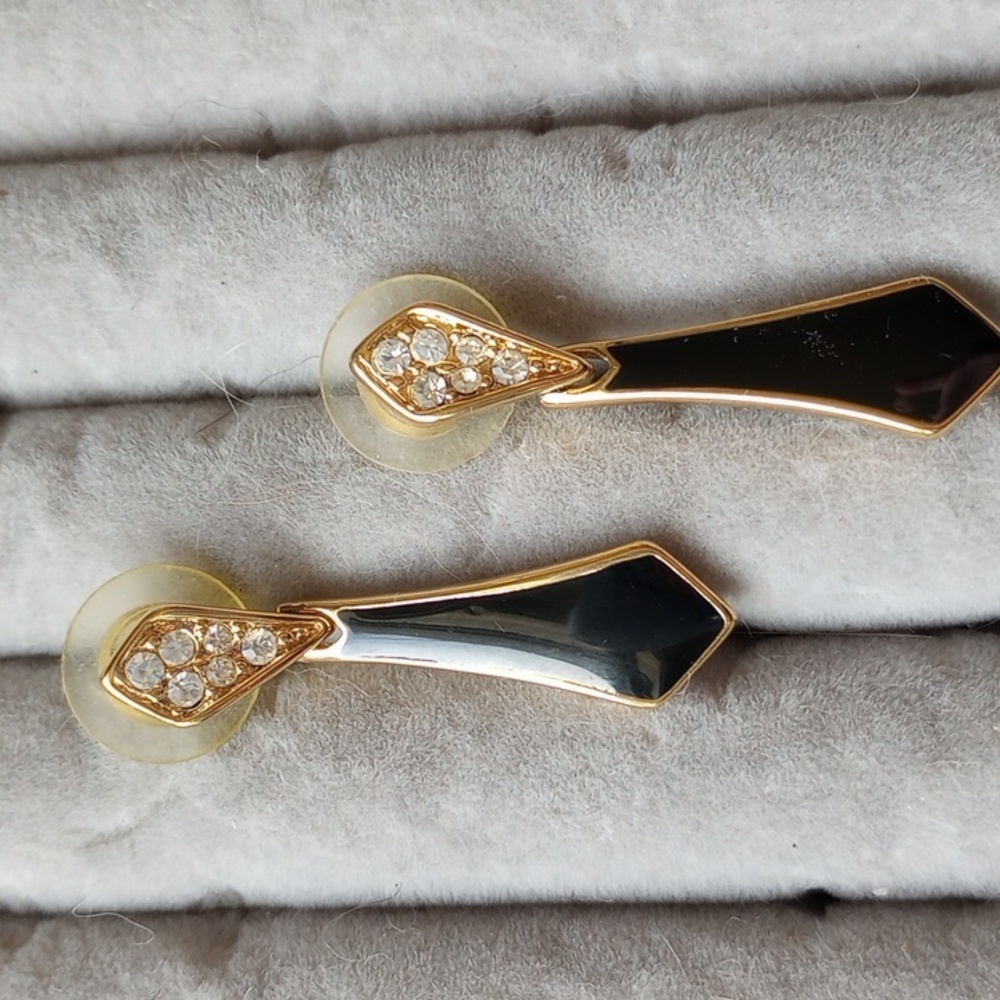 Trifari Gold and Black enamel rhinestone post Earrings